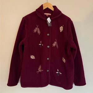 Tudor Court Burgundy Fleece Embroidered Fall Button Front Cardigan Grandma Core